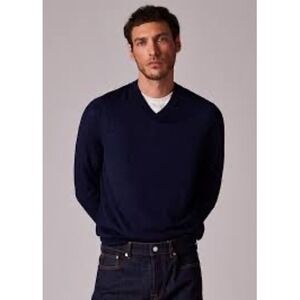 Paul Smith Mens Navy Blue Merino Wool V Neck Sweater XL‎ Rainbow Stripe Trim